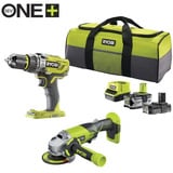 Ryobi ONE+ trapano avvitatore a batteria / set smerigliatrice angolare R18PDAG-242S, 18Volt, Set di strumenti verde/Nero