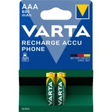 Varta Recharge Accu Phone AAA 800 mAh Blister da 2 (Batteria NiMH Accu, Micro, ricaricabile) Micro, ricaricabile), Batteria ricaricabile, Mini Stilo AAA, Nichel-Metallo Idruro (NiMH), 1,2 V, 2 pz, 800 mAh