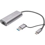 Digitus Adattatore Gigabit Ethernet USB Type-C™ 2.5G, USB-C™ + USB A (USB3.1/3.0) grigio, USB-C™ + USB A (USB3.1/3.0), USB-C USB 3.1, RJ-45, Grigio