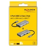 DeLOCK 63260 hub di interfaccia USB 3.2 Gen 2 (3.1 Gen 2) Type-C 10000 Mbit/s Grigio, Hub USB grigio, USB 3.2 Gen 2 (3.1 Gen 2) Type-C, USB 3.2 Gen 2 (3.1 Gen 2) Type-A, USB 3.2 Gen 2 (3.1 Gen 2) Type-C, 10000 Mbit/s, Grigio, Alluminio, 0,12 m