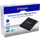 Verbatim External Slimline lettore di disco ottico Blu-Ray RW Nero Nero, Nero, Fessura, Desktop/Notebook, Blu-Ray RW, USB 3.2 Gen 1 (3.1 Gen 1), 145 mm