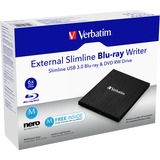 Verbatim External Slimline lettore di disco ottico Blu-Ray RW Nero, masterizzatore Blu-ray esterno Nero, Nero, Fessura, Desktop/Notebook, Blu-Ray RW, USB 3.2 Gen 1 (3.1 Gen 1), 145 mm
