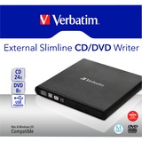 Verbatim Slimline CD/DVD lettore di disco ottico DVD-RW Nero Nero, Nero, Orizzontale, Computer portatile, DVD-RW, USB 2.0, CD, CD-R, CD-RW, DVD, DVD+R, DVD+R DL, DVD+RW, DVD-R, DVD-R DL, DVD-RAM, DVD-ROM