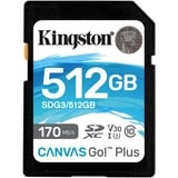 Kingston Canvas Go! Plus 512 GB SD UHS-I Classe 10, Scheda di memoria Nero, 512 GB, SD, Classe 10, UHS-I, 170 MB/s, 90 MB/s