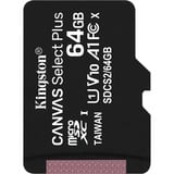 Kingston Canvas Select Plus 64 GB MicroSDXC UHS-I Classe 10 Nero, 64 GB, MicroSDXC, Classe 10, UHS-I, 100 MB/s, 85 MB/s