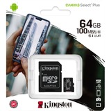 Kingston Canvas Select Plus 64 GB MicroSDXC UHS-I Classe 10 Nero, 64 GB, MicroSDXC, Classe 10, UHS-I, 100 MB/s, 85 MB/s