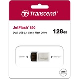 Transcend JetFlash 890 unità flash USB 128 GB USB Type-A / USB Type-C 3.2 Gen 1 (3.1 Gen 1) Nero, Argento argento, 128 GB, USB Type-A / USB Type-C, 3.2 Gen 1 (3.1 Gen 1), Cuffia, 3 g, Nero, Argento