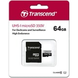 Transcend microSDXC 350V 64GB NAND Classe 10 64 GB, MicroSDXC, Classe 10, NAND, 95 MB/s, 45 MB/s