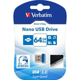 Verbatim Store 'n' Stay NANO - Memoria USB 3.0 da 64 GB - Blu blu, 64 GB, USB tipo A, 3.2 Gen 1 (3.1 Gen 1), Cuffia, 3 g, Blu