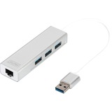 Digitus USB 3.0, Hub 3 porte & adattatore Gigabit LAN bianco, Hub 3 porte & adattatore Gigabit LAN, USB 3.2 Gen 1 (3.1 Gen 1) Type-A, USB 3.2 Gen 1 (3.1 Gen 1) Type-A, 1000 Mbit/s, Argento, Bianco, Alluminio, 0,2 m