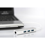 Digitus USB 3.0, Hub 3 porte & adattatore Gigabit LAN bianco, Hub 3 porte & adattatore Gigabit LAN, USB 3.2 Gen 1 (3.1 Gen 1) Type-A, USB 3.2 Gen 1 (3.1 Gen 1) Type-A, 1000 Mbit/s, Argento, Bianco, Alluminio, 0,2 m