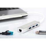 Digitus USB 3.0, Hub 3 porte & adattatore Gigabit LAN bianco, Hub 3 porte & adattatore Gigabit LAN, USB 3.2 Gen 1 (3.1 Gen 1) Type-A, USB 3.2 Gen 1 (3.1 Gen 1) Type-A, 1000 Mbit/s, Argento, Bianco, Alluminio, 0,2 m