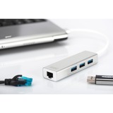 Digitus USB 3.0, Hub 3 porte & adattatore Gigabit LAN, Hub USB bianco, Hub 3 porte & adattatore Gigabit LAN, USB 3.2 Gen 1 (3.1 Gen 1) Type-A, USB 3.2 Gen 1 (3.1 Gen 1) Type-A, 1000 Mbit/s, Argento, Bianco, Alluminio, 0,2 m