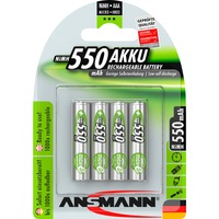 Ansmann Blister 4 X Accu, AAA, 550 mAh AAA / HR03 Nichel-Metallo Idruro (NiMH), Batteria verde, AAA, 550 mAh, AAA / HR03, Nichel-Metallo Idruro (NiMH), 1,2 V, 550 mAh, Argento