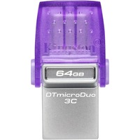 Kingston DataTraveler 64GB microDuo 3C 200MB/s dual USB-A + USB-C, Chiavetta USB viola/trasparente, 64 GB, USB Type-A / USB Type-C, 3.2 Gen 1 (3.1 Gen 1), 200 MB/s, Altro, Viola, Acciaio inox