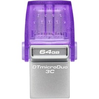 Kingston DataTraveler microDuo 3C unità flash USB 64 GB USB Type-A / USB Type-C 3.2 Gen 1 (3.1 Gen 1) Porpora, Acciaio inossidabile viola/trasparente, 64 GB, USB Type-A / USB Type-C, 3.2 Gen 1 (3.1 Gen 1), 200 MB/s, Altro, Porpora, Acciaio inossidabile