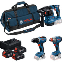 Bosch Set professionale 18V Martello perforatore GBH 18V-22 + Trapano avvitatore GSR 18V-65 + Avvitatore a impulsi GDX 18V-285, Cacciavite blu/Nero