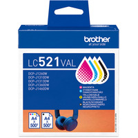 Brother Cartuccia d'inchiostro Valuepack LC-521VAL Nero, Ciano, Magenta, Giallo, 4 pz, 500 pagine, 500 pagine, Confezione multipla