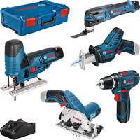 Bosch Set di utensili da 12 volt a 5 pezzi, GSR + GOP + GKS + GSA + GST, Set di strumenti blu