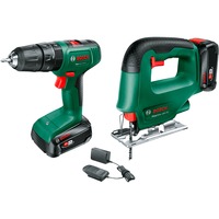 Bosch Avvitatore a percussione a batteria EasyImpact 18V-40 e seghetto alternativo a batteria EasySaw 18V-70, Set di strumenti verde/Nero