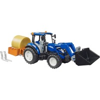 bruder BRUDER New Holland T5.120 con caricatore frontale, cassone di carico, forche e balle rotonde, Veicolo modello 