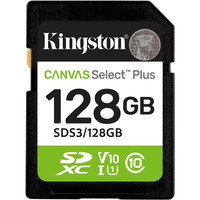 Kingston 128GB SDXC Canvas Select Plus Gen3 150MB/s C10 UHS-I U1 V10, Scheda di memoria 128 GB, SD, Classe 10, UHS-I, 150 MB/s, Class 1 (U1)