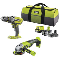 Ryobi ONE+ trapano avvitatore a batteria / set smerigliatrice angolare R18PDAG-242S, 18Volt, Set di strumenti verde/Nero