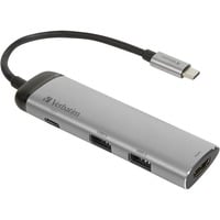 Verbatim 49140 hub di interfaccia USB 3.2 Gen 1 (3.1 Gen 1) Type-C, Hub USB argento/Nero, USB 3.2 Gen 1 (3.1 Gen 1) Type-C, USB 3.2 Gen 1 (3.1 Gen 1) Type-C, Metallo, 0,015 m, USB, 5 - 20 V