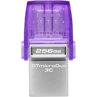 Kingston DataTraveler 256GB microDuo 3C 200MB/s dual USB-A + USB-C, Chiavetta USB viola/trasparente, 256 GB, USB Type-A / USB Type-C, 3.2 Gen 1 (3.1 Gen 1), 200 MB/s, Altro, Acciaio inox, Viola