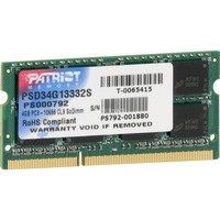 Patriot 4GB DDR3 SODIMM memoria 1 x 4 GB 1333 MHz 4 GB, 1 x 4 GB, DDR3, 1333 MHz, 204-pin SO-DIMM