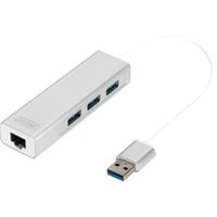 Digitus USB 3.0, Hub 3 porte & adattatore Gigabit LAN, Hub USB bianco, Hub 3 porte & adattatore Gigabit LAN, USB 3.2 Gen 1 (3.1 Gen 1) Type-A, USB 3.2 Gen 1 (3.1 Gen 1) Type-A, 1000 Mbit/s, Argento, Bianco, Alluminio, 0,2 m