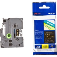 Brother Nastro per etichettatura 12mm, Nastro di scrittura Oro su nero, TZe, Trasferimento termico, Brother, PT-1280HK, PT-1280SN, PT-1280KT, PT-D200HK, PT-1100SN, PT-1100KT, PT-2100VP, PT-2730, PT-7600,..., 1,2 cm
