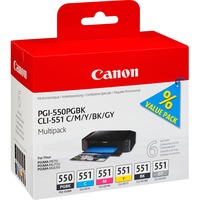 Canon Cartuccia d'inchiostro Multipack PGI-550 PGBK / CLI-551 BK/C/M/Y/GY Inchiostro a base di pigmento, Inchiostro colorato, 6 pz, Confezione multipla