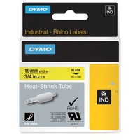 Dymo Etichette per tubi termoretraibili IND - 19mm x 1,5m, Nastri termorestringenti 5m, Nero su giallo, Multicolore, -55 - 135 °C, UL 224, MIL-STD-202G, MIL-81531, SAE-DTL 23053/5 (1, 3), DYMO, Rhino