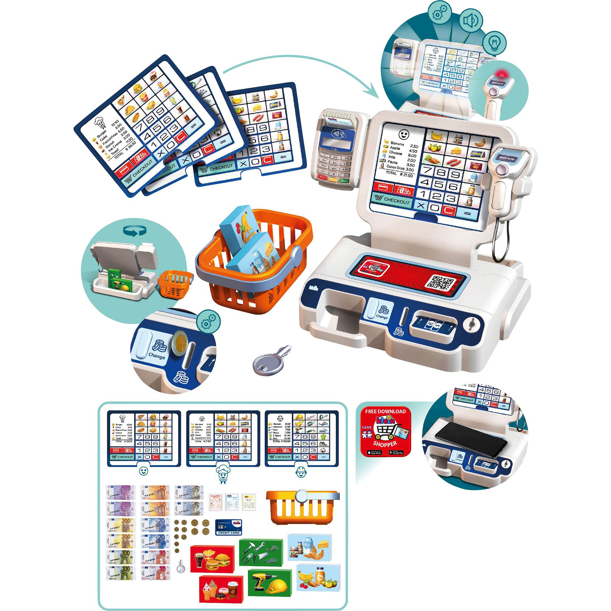 Theo Klein 7265 Cassa Self-Service I Scanner Con Luci E Suoni I Display Per 3 Temi I Cestino Della Spesa, Soldi E Molto Altro I Giocattolo Per Bambini Dai 3 Anni In Su