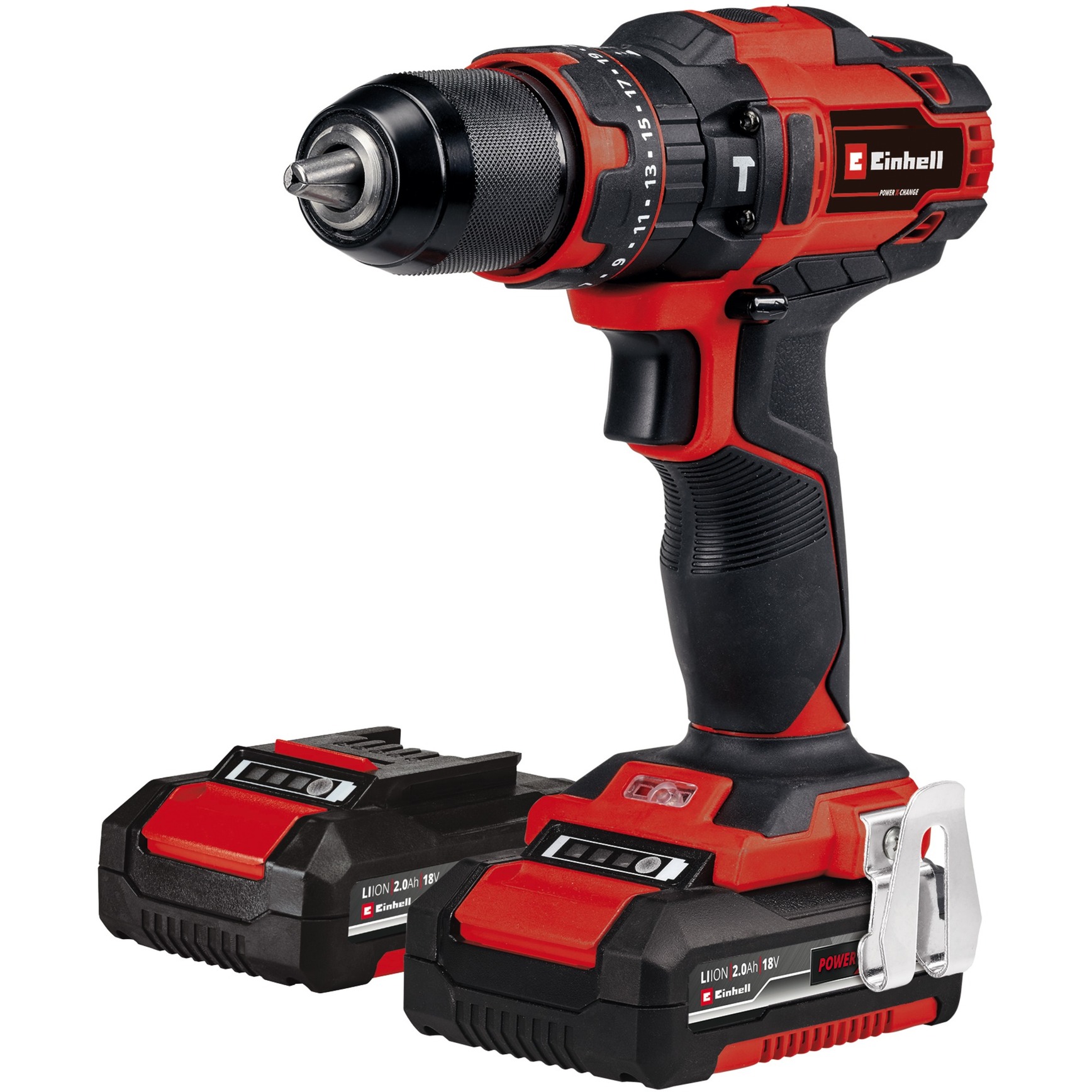 Einhell Set Trapano Percussione con Batterie TE-CD 18/40 Li-i +64, 2x2.0 Ah, PXC, 18V, 40Nm, Sistema Regolazione Giri, 2 Velocita, max 24.000 min-1, con Caricabatterie e Accessori