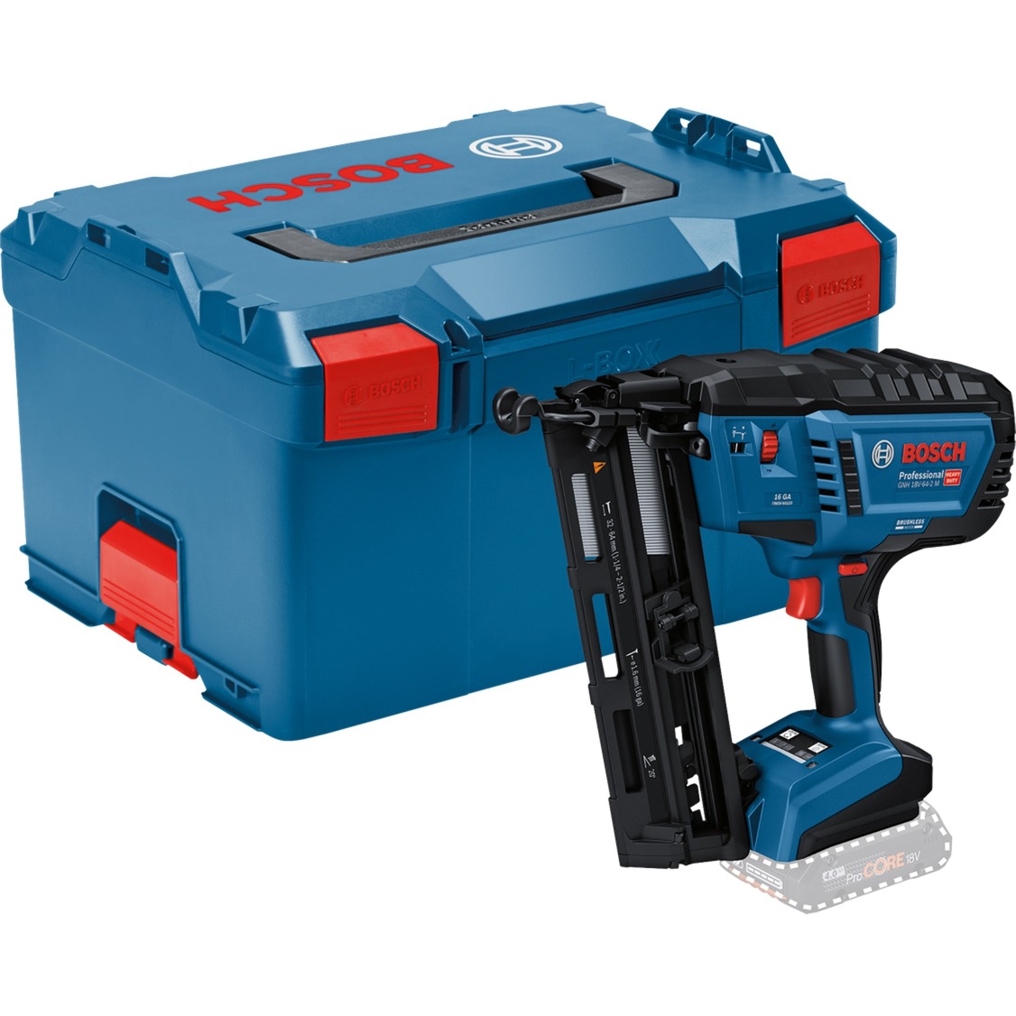 Bosch Professional 18V System Chiodatrice Legno Gnh 18V-64-2 M (Azion.Sing./A Contatto,Idonea Per I Seguenti Chiodi: 32–64 Mm,16 Ga (1,6Mm) E Ang. Caricatore Da 20°, L-BOXX, Senza Batt./Caricabatt.)