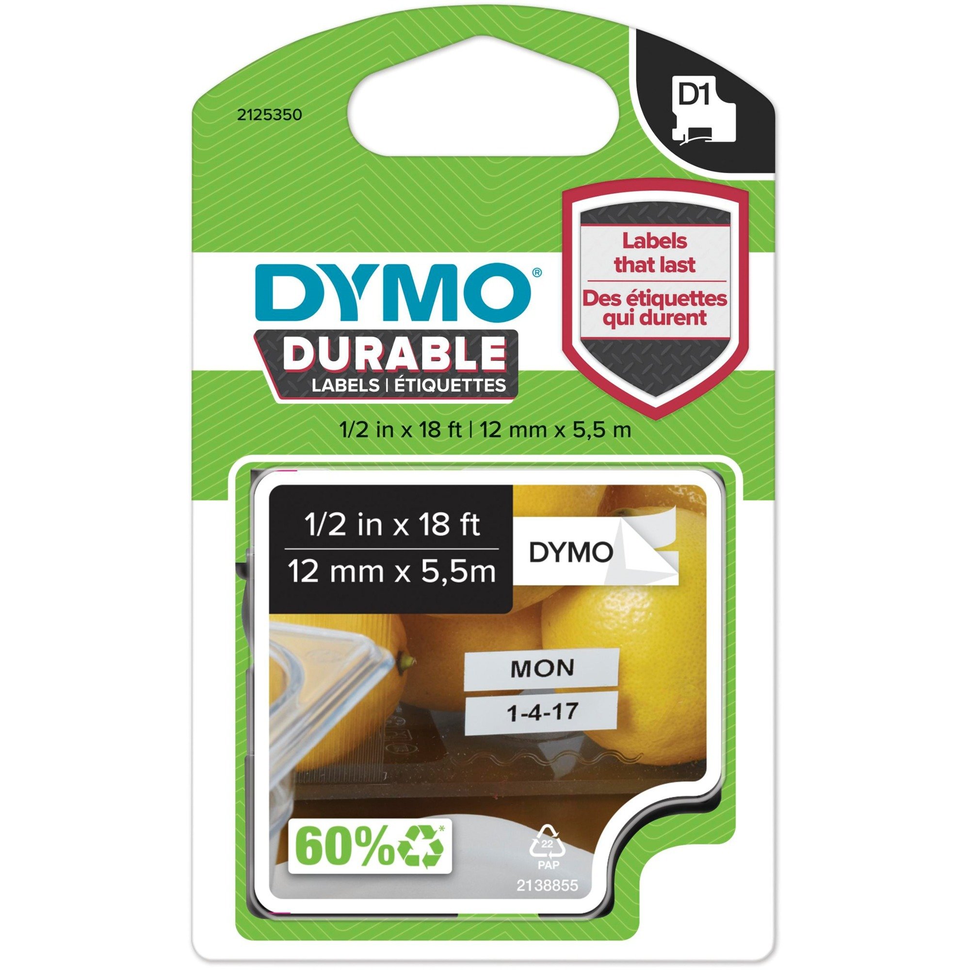 Dymo D1 Durable 12 Mm X 5,5 M Nero Bianco Permanente-image
