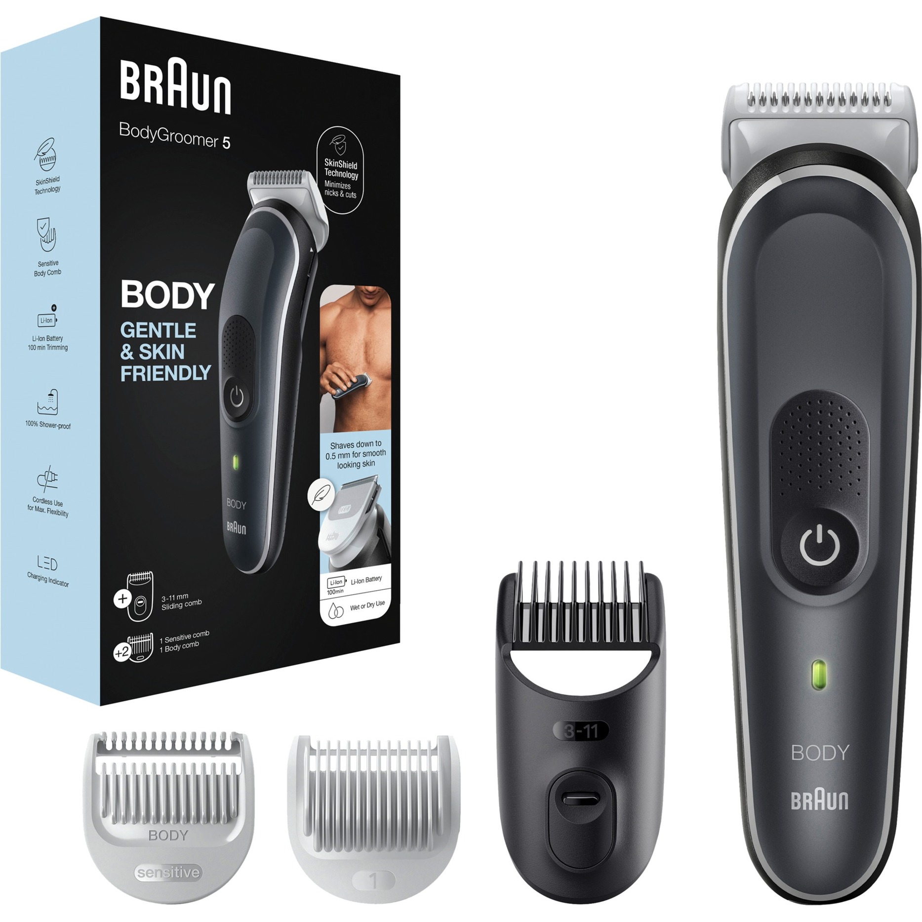 Braun Serie 5 Rasoio Elettrico Corpo Uomo, per Petto, Ascelle, Inguine e Zone Sensibili, con Pettini Da 3 a 11 mm, Tecnologia SkinShield per un Uso Delicato, Impermeabile, 100 Min Autonomia, BG5340