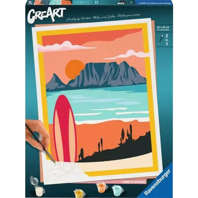 Ravensburger - Creart Premium B, Tramonto Con Tavola Da Surf, Dipingere Con I Numeri, Kit Pittura, Entry Level, Idea Regalo Donna O Uomo, 14+ Anni, 30X40 Cm