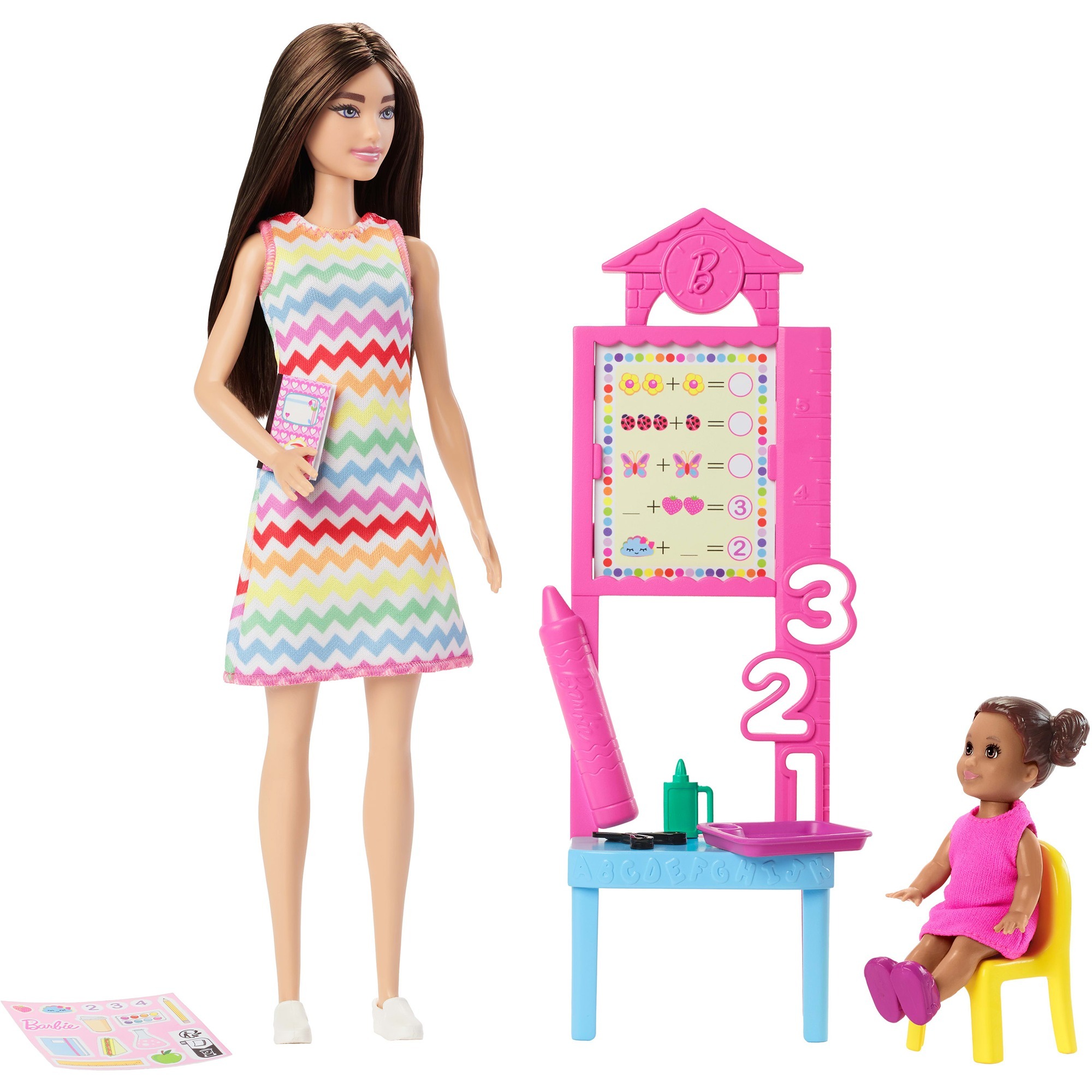 Barbie Carriere - Maestra, Set Con Bambola Mora In Abito Stampato E Bambina Alunna, Lavagna E Accessori Per L'insegnamento Inclusi, Giocattolo Per Bambini, 3+ Anni, JCR76