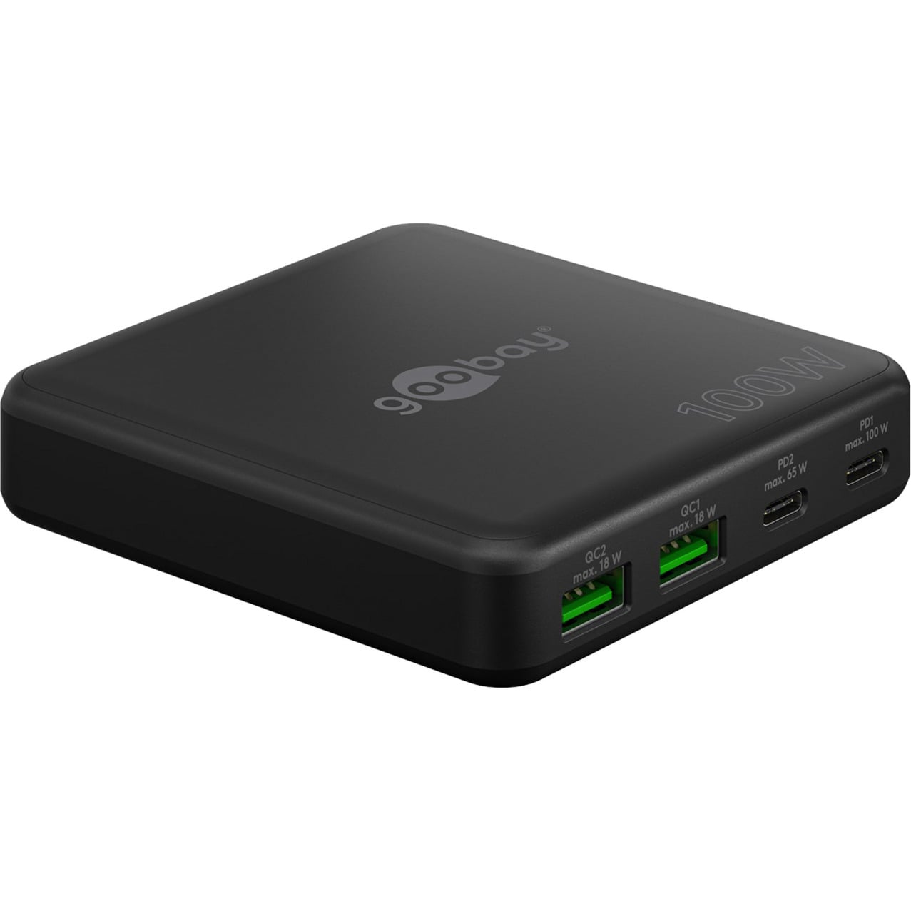 Goobay Caricabatterie USB-C Da 100 W Di Potenza, Power Delivery 2 & Gan 4 Porte, Caricatore Da Tavolo, Design Sottile, Alimentatore USB-C Nero, 70764