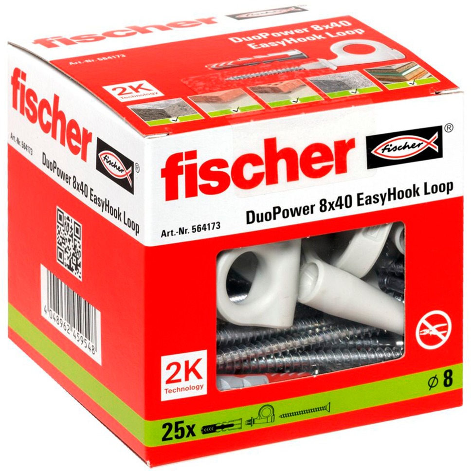 Fischer 564173 Loop, Set Di 25 Viti Con Ganci E Tasselli Duopower 8 X 40, Viti Per Truciolato Con Gancio, Ganci A Vite Flessibili Per Il Montaggio In Numerosi Materiali Da Costruzione Easyhook, Bianco