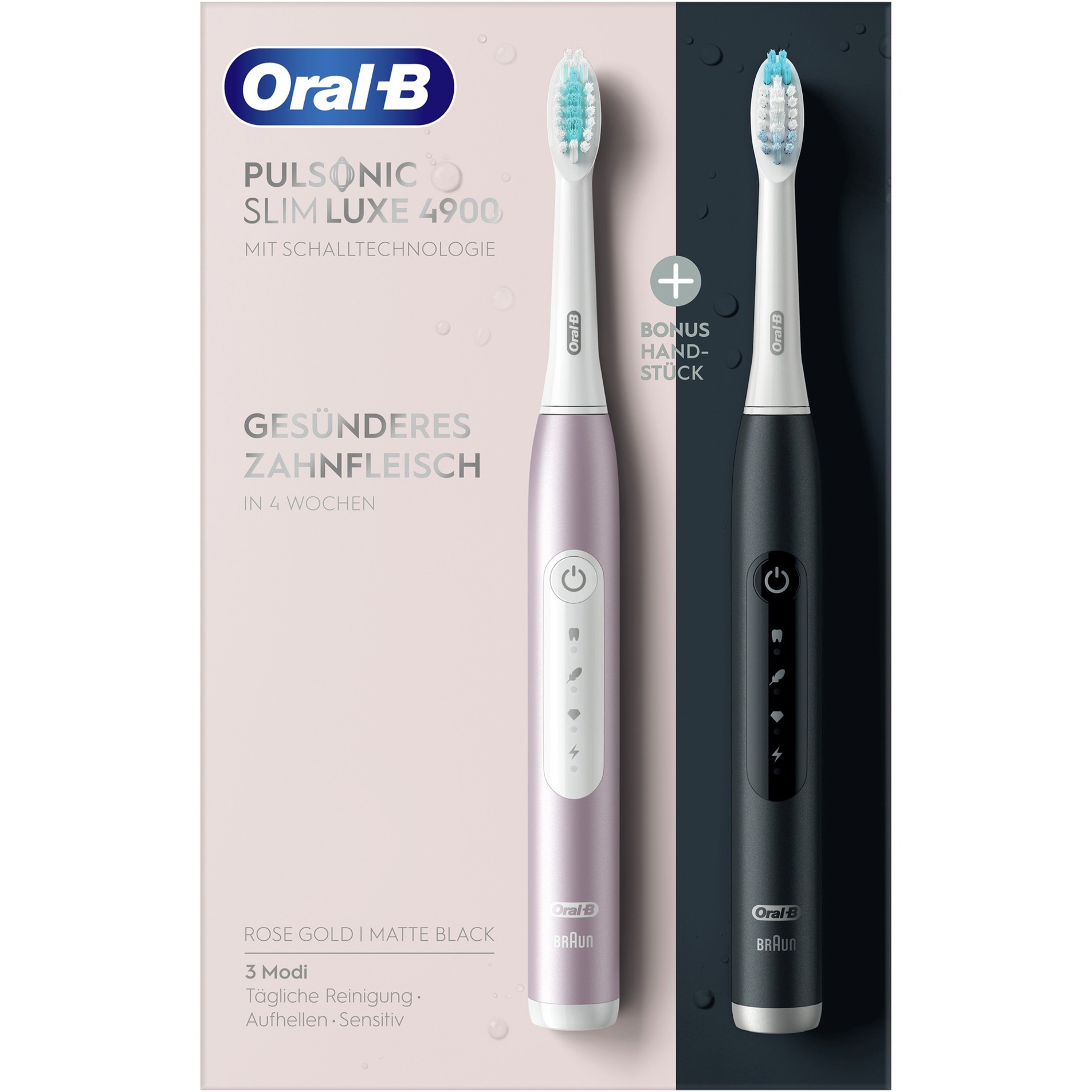Oral-B Pulsonic Slim Luxe 4900 - Spazzolino Elettrico Sonico Elettrico, Confezione Doppia Con 2 Testine Di Ricambio, 3 Modalità Di Pulizia, Progettato Da Braun, Nero E Oro Rosa-image