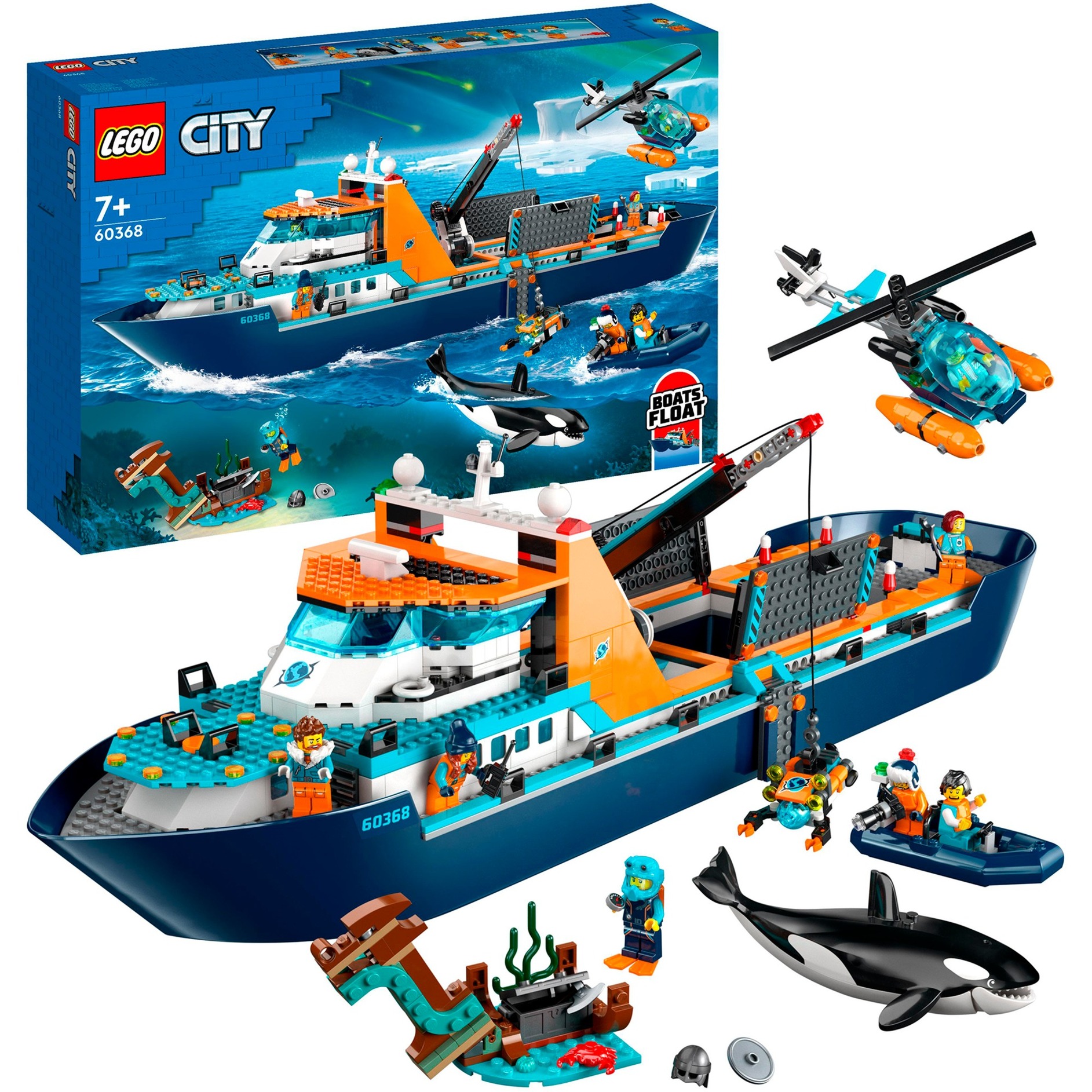 LEGO City Esploratore Artico, Grande Nave Giocattolo Galleggiante con Elicottero, Gommone, Sottomarino, Relitto Barca Vichinga, 7 Minifigure e un'Orca, Regalo per Bambini e Bambine dai 7 Anni 60368