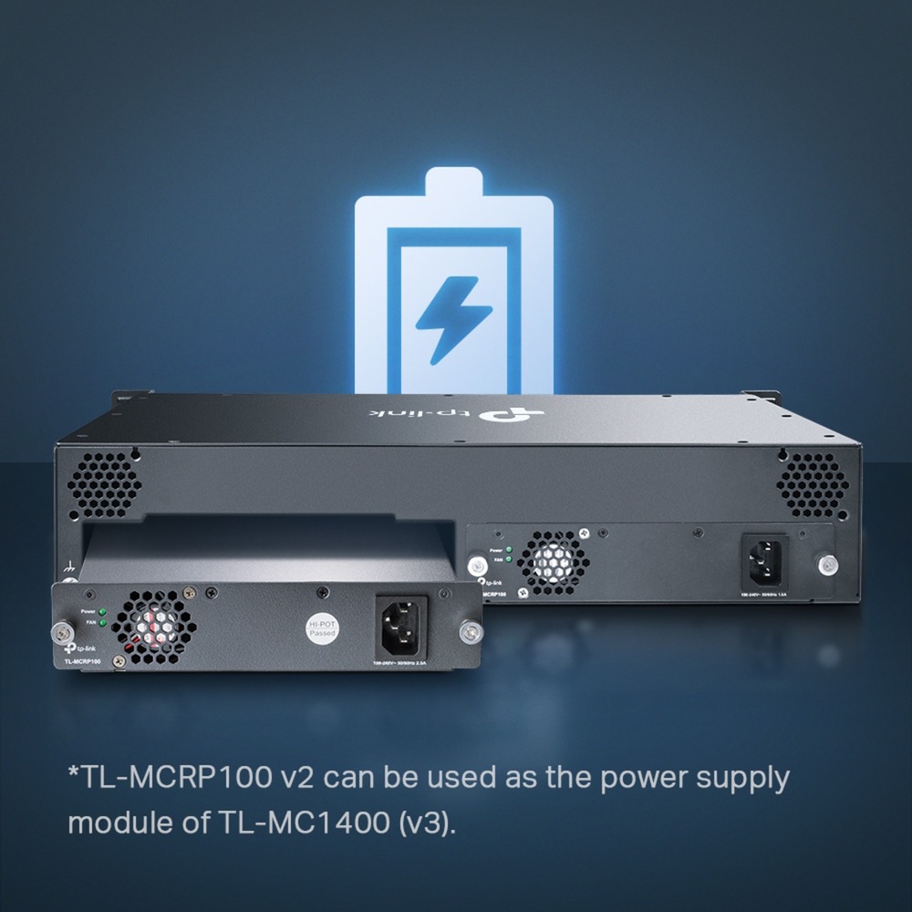 TP-Link TL-MC1400 V3 telaio dell'apparecchiatura di rete 2U, Housing grigio, 100-240V, 50 - 60 Hz, 9.5 V, 0 - 40 °C, -40 - 70 °C, 10 - 90%, Vendita al dettaglio