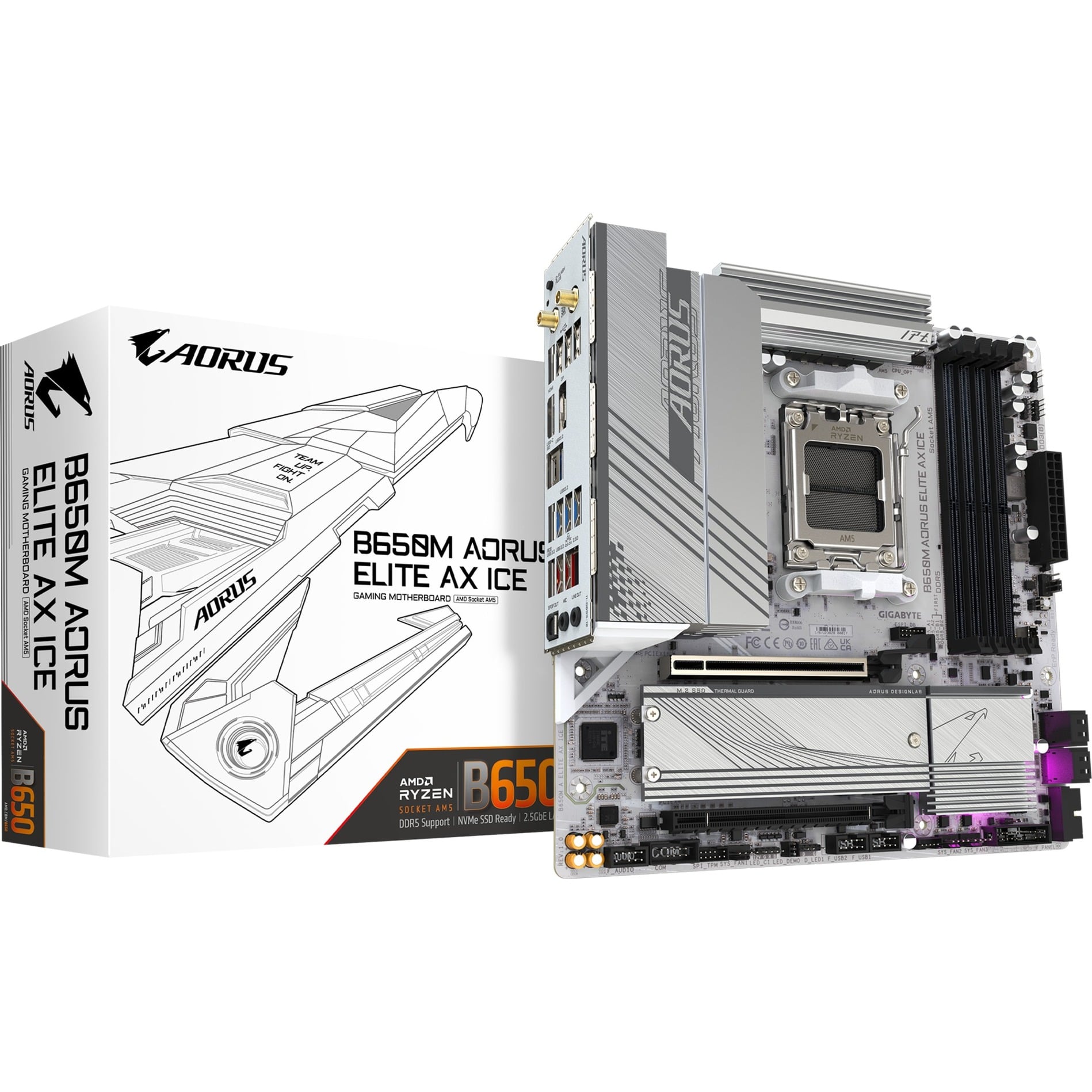 Gigabyte B650M Aorus Elite Ax Ice Scheda Madre - Amd Ryzen Serie 9000, Vrm A 12+2+2 Fasi, Fino A 8000 Mhz DDR5 (Oc), 1Xpcie 5.0 + 1Xpcie 4.0 M.2, Lan 2,5 Gbe, Wifi 6E, Usb 3.2 Gen 2X2