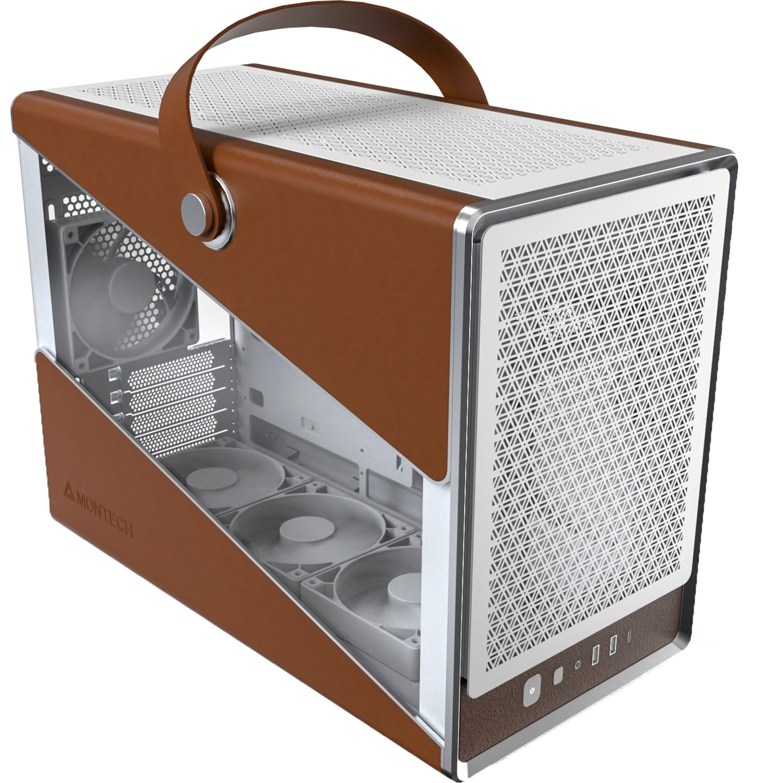 Montech Heritage Matx, Micro Form Factor Compact Leather Gaming Chassis Con Signature Handle Design, Supporta Le Ultime Gpu, Atx Psu 360Mm, 4 Ventole, Gancio Per Cuffie, Bianco-image