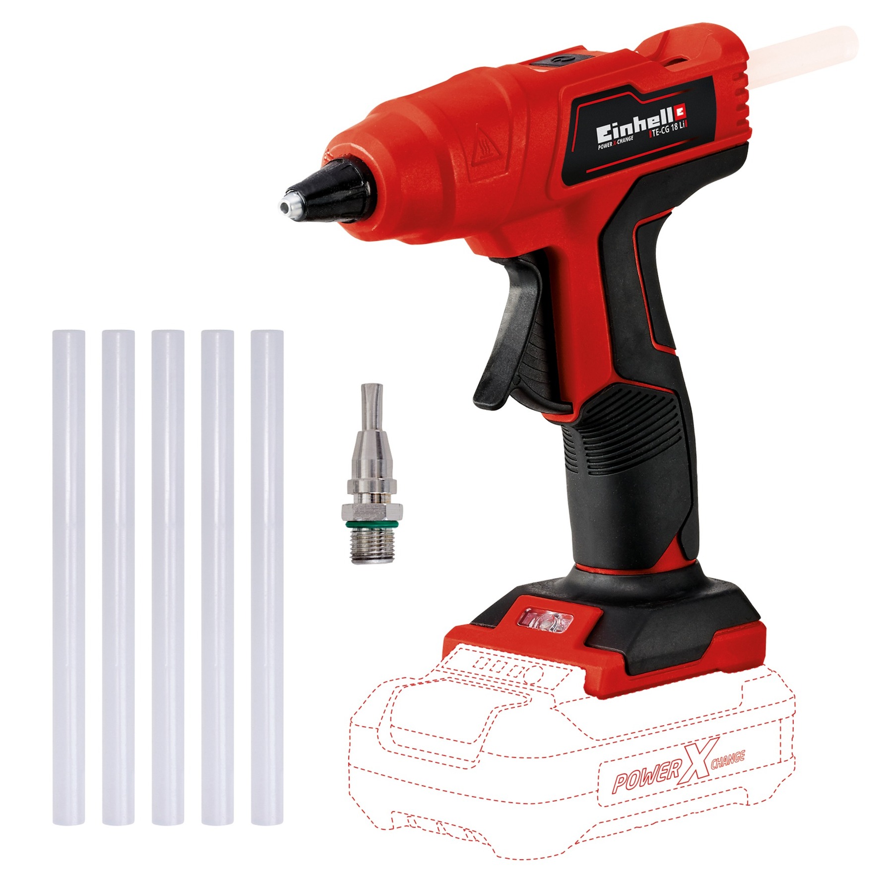 Einhell Pistola per colla a caldo a batteria TE-CG 18 Li - Solo Power X-Change (li-ion, pronta per l’uso in 120 secondi, 5 stick di colla + ugello piatto, senza batteria e caricabatteria)