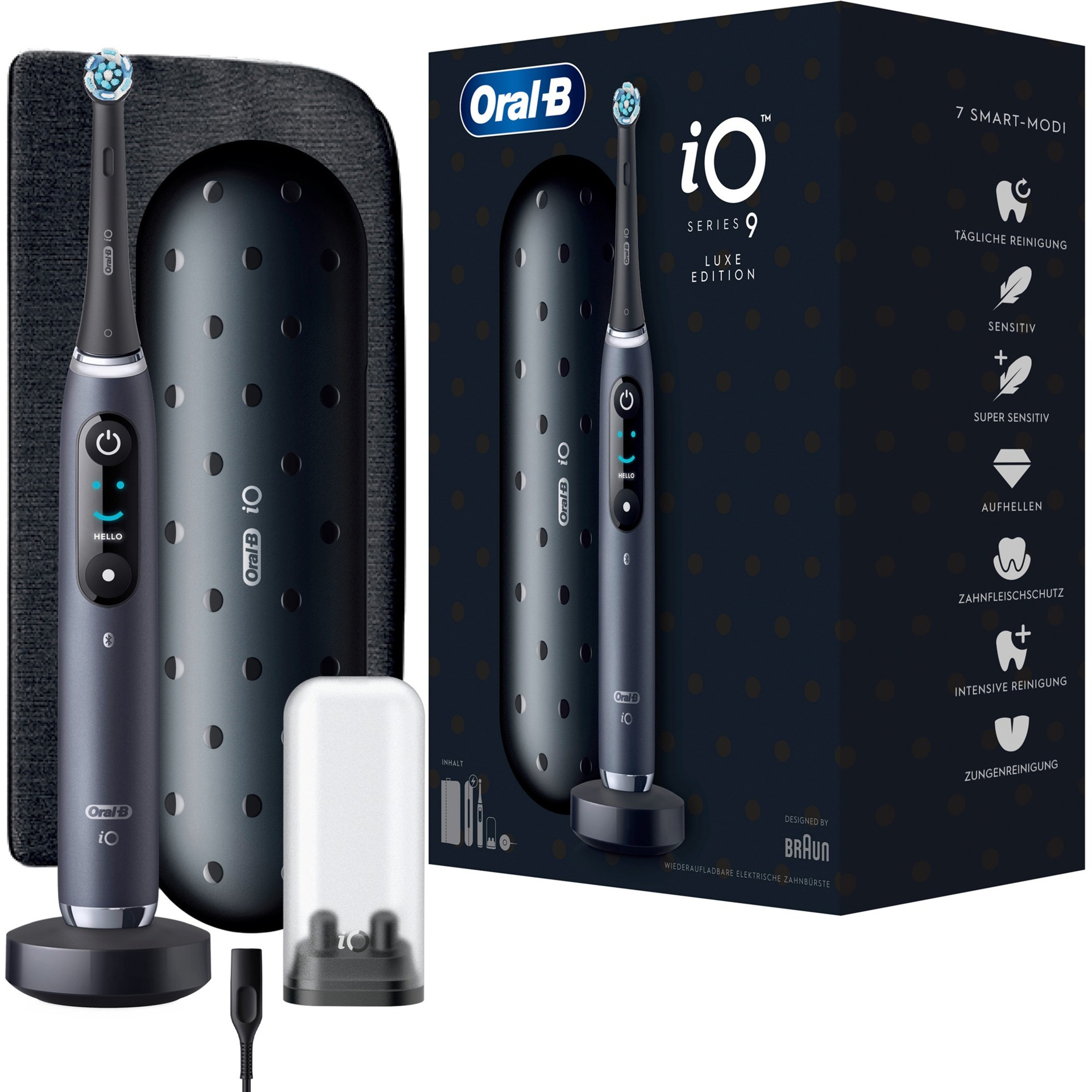 Oral-B Io Series 9 Luxe Edition - Spazzolino Elettrico, 7 Modalità Di Pulizia, Cura Dentale, Display A Colori, Custodia Di Ricarica E Borsa Di Bellezza, Nero Onice